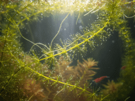Gambas, guppys y plantas carnívoras: ¿Es posible que convivan? Primer plano macro de Utricularia vulgaris con sus trampas de succión o utrículos visibles en un acuario plantado.