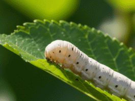 Creo una nueva raza de Gusano de Seda Gusano de seda de variedad genética rara (cebrado) alimentándose de una hoja fresca de morera en el criadero de Fanmascotas.